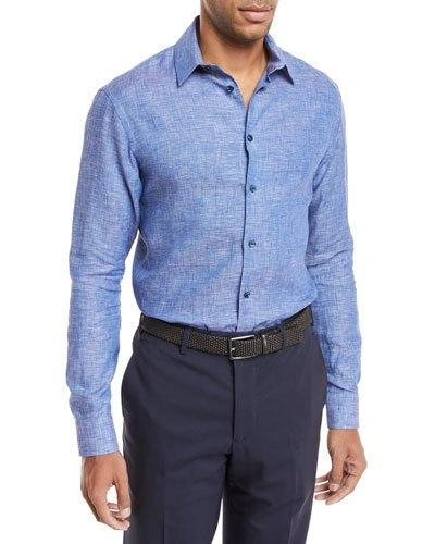Giorgio Armani Linen Melange Sport Shirt, Blue/gray
