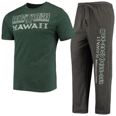 Concepts Sport Men's  Heathered Charcoal, Green Hawaii Warriors Meter T-shirt And Pants Sleep Set In Heathered Charcoal,green