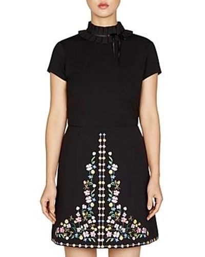 Ted Baker Nicohla Ruffle Neck Fitted Tee In Black