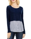 Vince Camuto Mixed Media Stripe Shirttail Top In Indigo Night