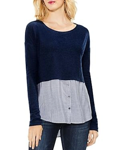 Vince Camuto Mixed Media Stripe Shirttail Top In Indigo Night
