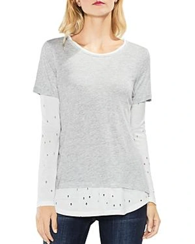 Vince Camuto Distressed Mixed Media Top In Gray Heather