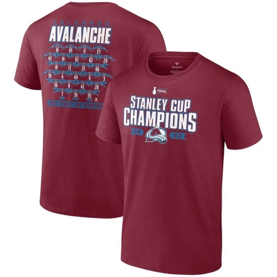Fanatics Branded Burgundy Colorado Avalanche 2022 Stanley Cup Champions Jersey Roster T-shirt In Dark Garnt
