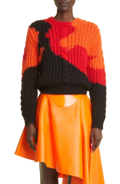 Alexander Mcqueen Cable Knit Mohair & Wool Blend Sweater In Orange/ Red/ Black