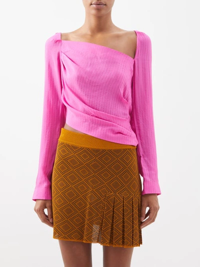 Ahluwalia Caprice Asymmetric Gathered Satin-jacquard Top In Fuschia