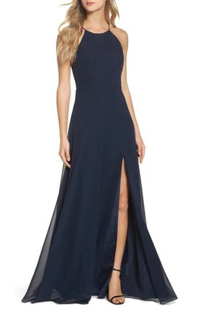 Jenny Yoo Kayla A-line Halter Gown In Navy