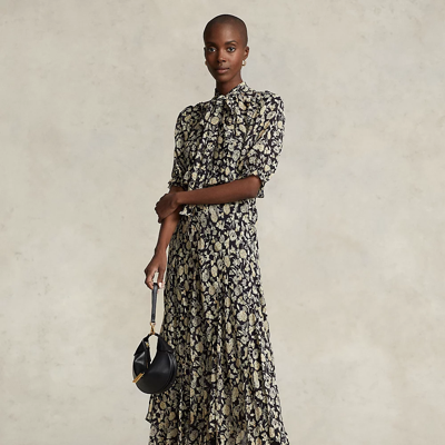 Ralph Lauren Black Georgette Maxi Dress With Floral Pattern In Nero |  ModeSens