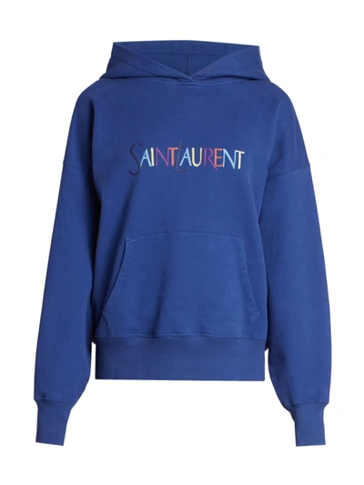 Saint Laurent Embroidered-logo Long-sleeve Hoodie In Blue
