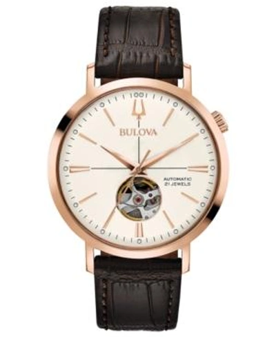 Bulova Men's Automatic Brown Leather Strap Watch 41mm In Black