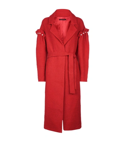 Mother Of Pearl Webb Faux Pearl-embellished Cotton-tweed Coat In Red