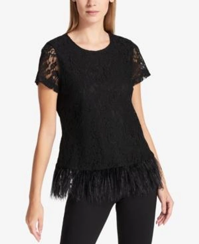Dkny Lace Feather-trim Top In Black