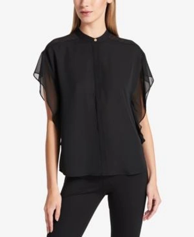 Dkny Satin Georgette Flutter Sleeve Shirt In Black