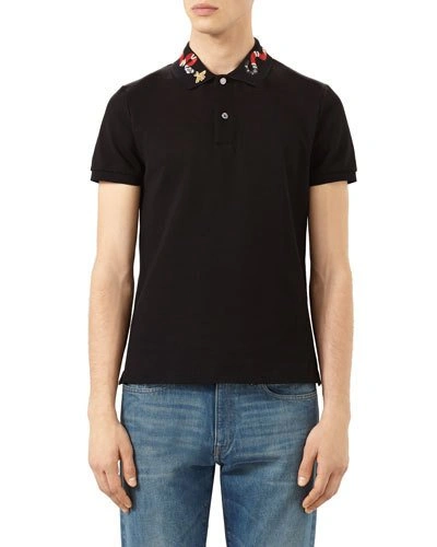 Gucci Snake & Bee Embroidered-collar Polo Shirt, Black, White | ModeSens