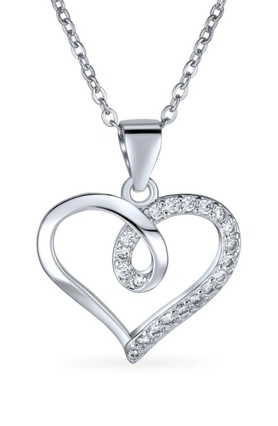 Bling Jewelry Sterling Silver Cz Heart Ribbon Pendant Necklace In Clear