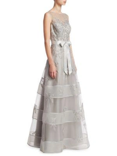 Teri Jon By Rickie Freeman Embroidered Floral Tulle Gown In Silver
