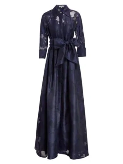 Teri Jon By Rickie Freeman Organza Jacquard Floor-length Gown In Navy