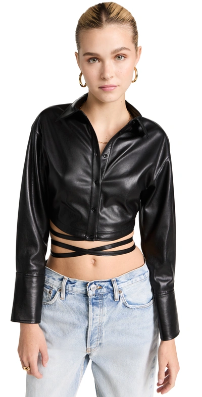 Alice And Olivia Flossie Vegan Leather Cropped Button-down Shirt In Black