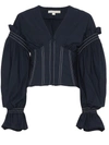 Simkhai Ruched Cotton V Neck Corseted Blouse In Blue