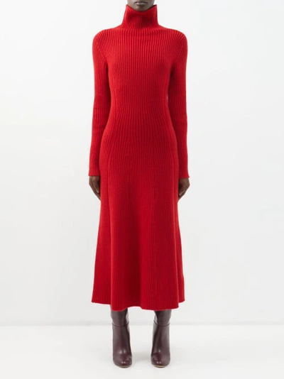 Johnstons Of Elgin High-neck Ribbed-knit Cashmere Midi Dress In Bright Red