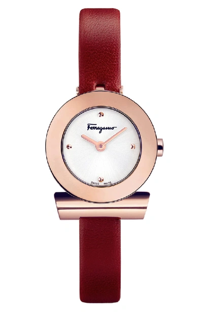 Ferragamo Gancino Leather Bracelet Watch, 22mm In Burgundy/ Silver/ Rose Gold