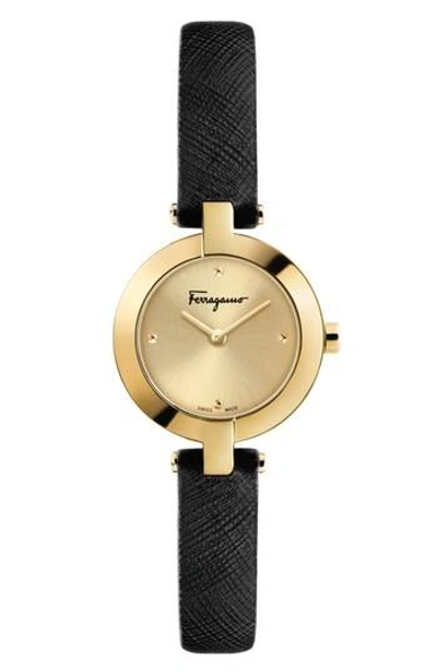 Ferragamo Miniature Leather Strap Watch, 26mm In Black/ Gold