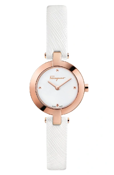 Ferragamo Miniature Leather Strap Watch, 26mm In White/ Silver/ Rose Gold