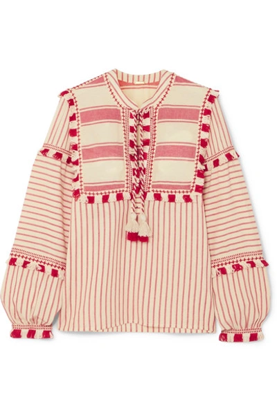 Dodo Bar Or Emanuelle Fringe-embellished Striped Cotton Top In Red