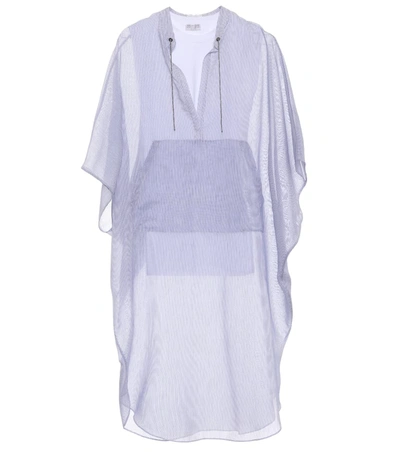 Brunello Cucinelli Microstripe Cotton Voile Tunic Poncho With Monili Ties In English Blue