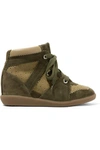 Isabel Marant Bobby Perforated Canvas And Suede Wedge Sneakers In Army Green