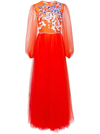 Carolina Herrera Long Sleeve Embroidered Gown In Orange