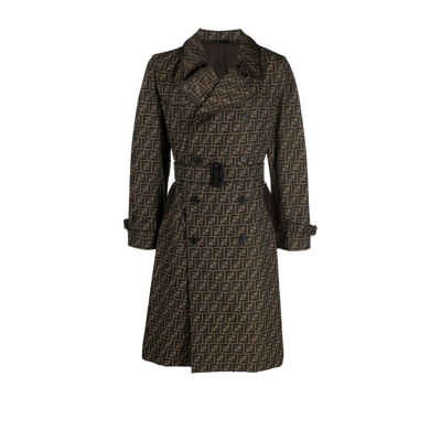 Fendi Ff Motif Belted Trench Coat In Fango/tabacco