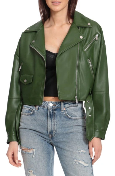 Avec Les Filles Women's Cropped Faux Leather Belted Biker Jacket In Green