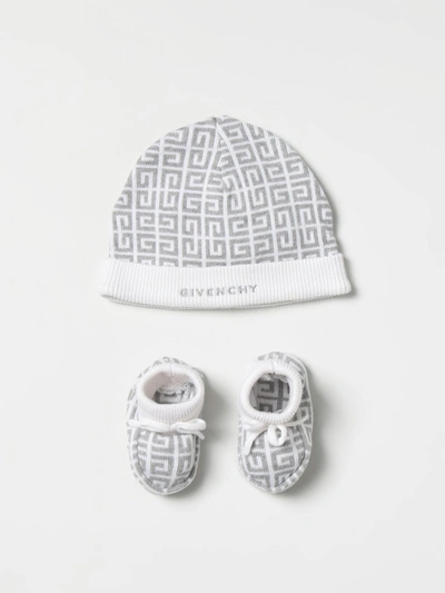 Givenchy Babies'  Set Bianco E Grigio In Maglia Di Cotone Con Cappellino E Babbucce In Grey