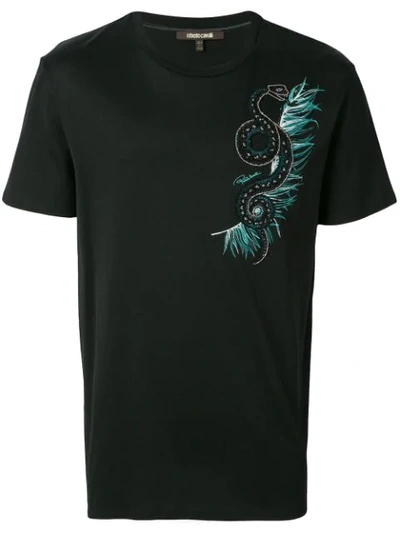 Roberto Cavalli T-shirt Mit Schlangen-applikation In Black