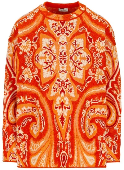 Etro Woman Orange Jacquard Sweater With Paisley Motifs