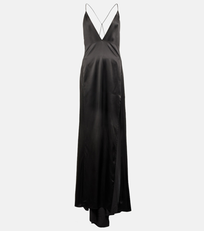 Saint Laurent Plunging Thigh-slit Silk Slip Gown In Nero
