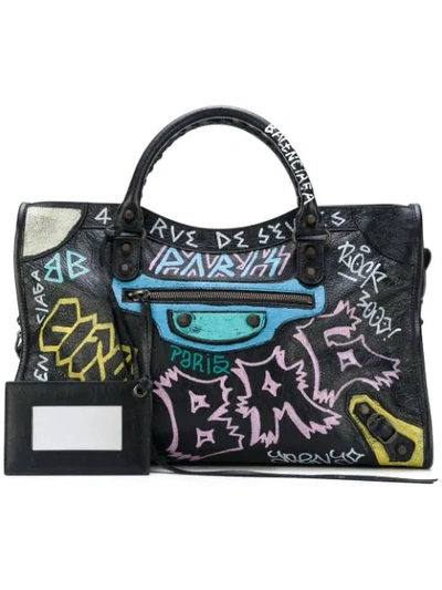 Balenciaga Classic City Printed Textured-leather Tote In Black/white