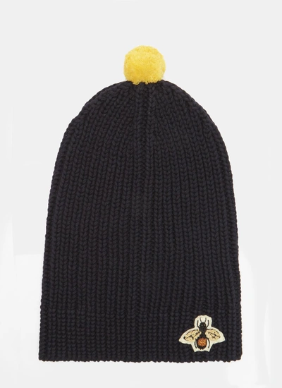 Gucci Bee Embroidered Ribbed Bobble Hat In Navy In Blue