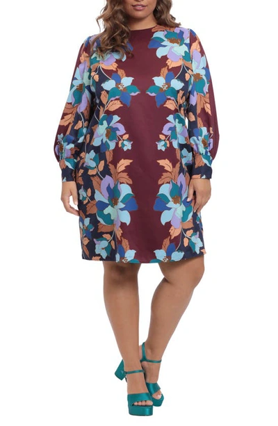 Donna Morgan Floral Long Sleeve Sheath Dress In Wine/ Teal