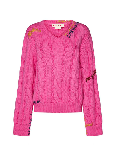 Marni Embroidered Cable-knit Jumper In Pink
