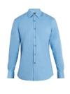 Prada Single-cuff Stretch Cotton-blend Poplin Shirt In Light Blue