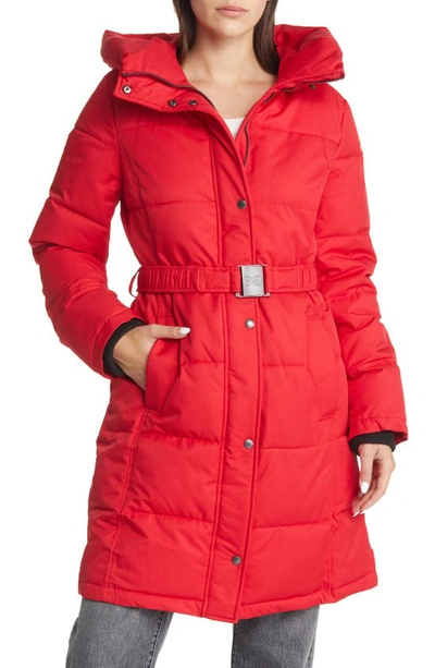 Sam Edelman Belted Longline Puffer Jacket In Red
