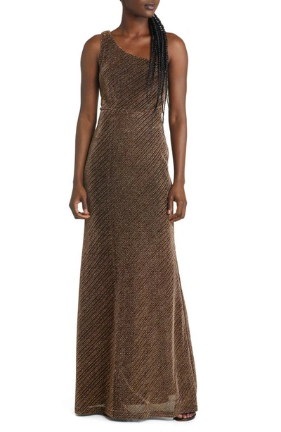 Lulus Win Me Over Sparkle One-shoulder Gown In Black And Gold