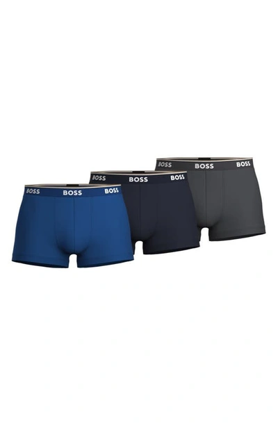 Hugo Boss Men's Three-pack Of Stretch-cotton Trunks With Logo Waistbands In Blue/navy Blue/gray