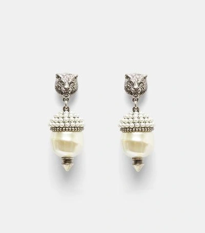 Gucci Feline Pearl Drop Earrings In Silver
