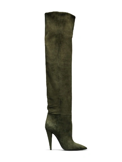 Saint Laurent Green Era 110 Suede Ruched Knee Boots In Army Green