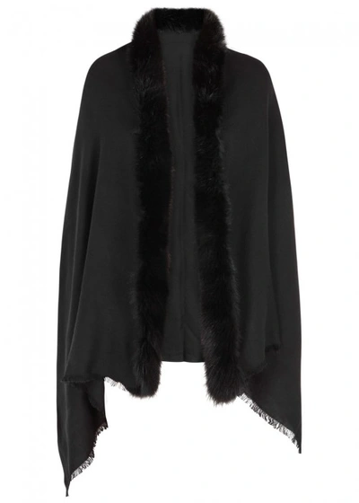 Ama Pure Black Fur-trimmed Wool Scarf