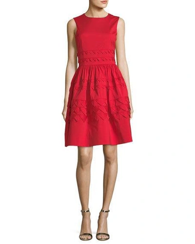Oscar De La Renta Sleeveless Embroidered Fit-and-flare Day Dress In Scarlet