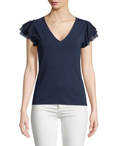 Fuzzi Solid Ruffle-sleeve V-neck Top In Sapphire