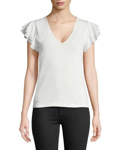 Fuzzi Solid Ruffle-sleeve V-neck Top In White